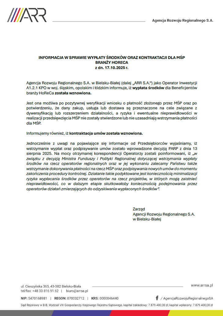 INFORMACJA W SPRAWIE WYPŁATY ŚRODKÓW ORAZ KONTRAKTACJI DLA MŚP BRANŻY HORECA z dn. 17.10.2025 r.